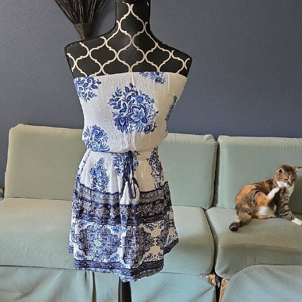 Xhilaration Blue and White Strapless Sundress Tie Front